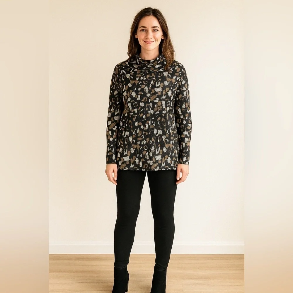 Sympli | Funnel Neck Leopard Abstract Lightweight Sweater Artsy Contemporary